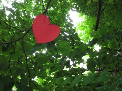 A red paper heart in the trees